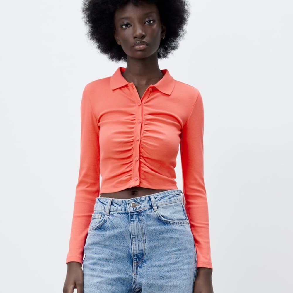 Zara Ruched ribbed polo shirt